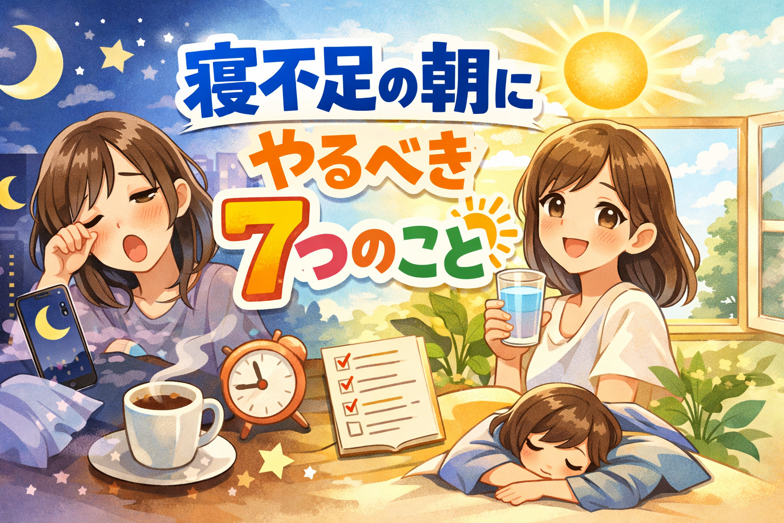 寝不足の朝でも崩れない対処法7選【原因とリセット術】